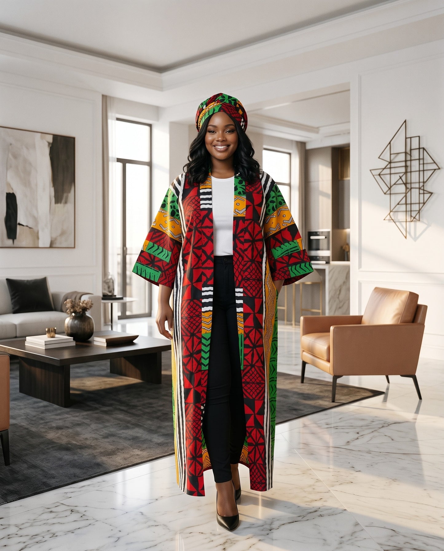 Woman in a colorful traditional outfit standing in a modern living room.