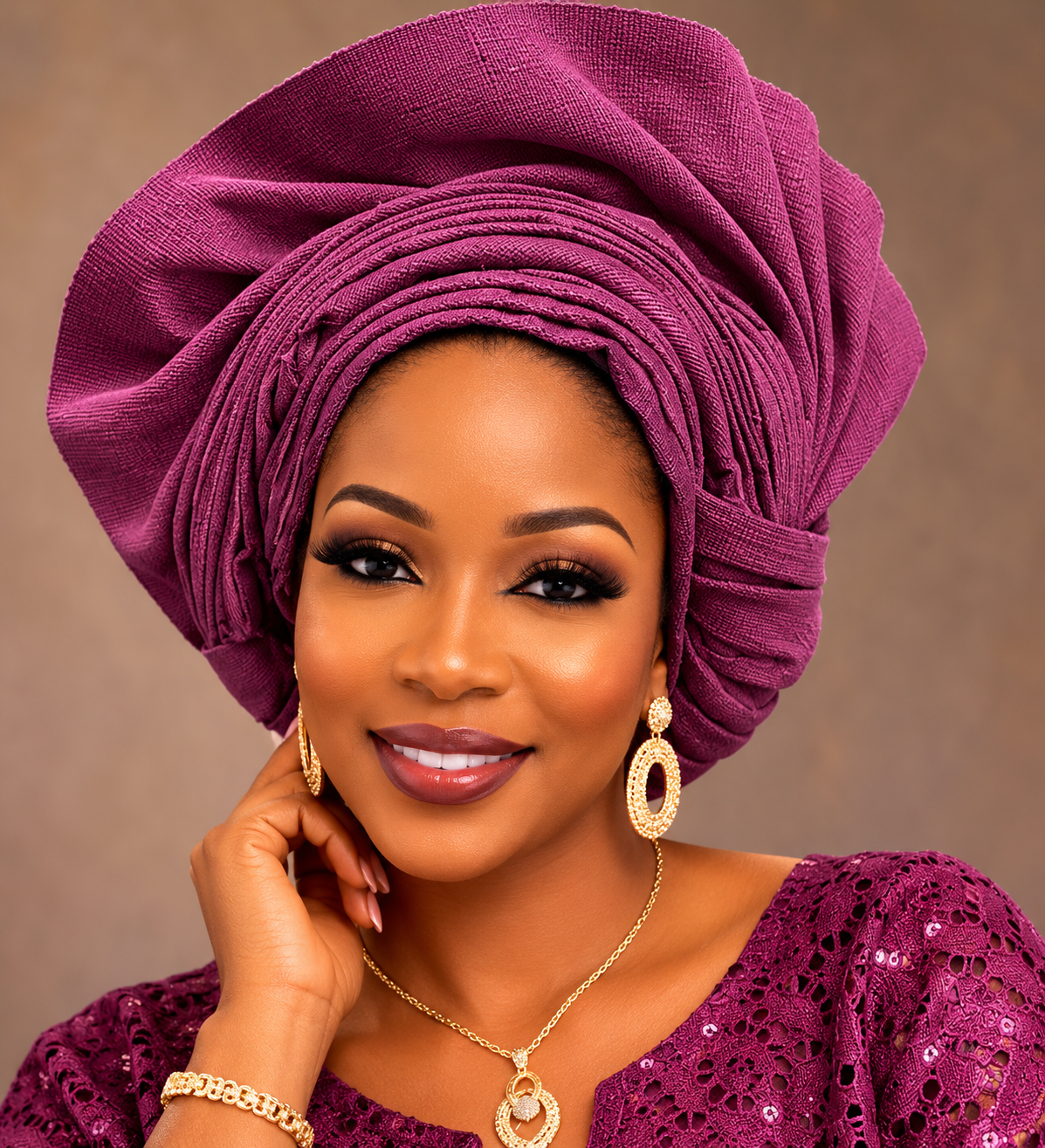 A woman wearing a voluminous plum purple fabric headwrap (afro) and a matching purple sequined top, accessorized with gold jewelry against a neutral brown background.