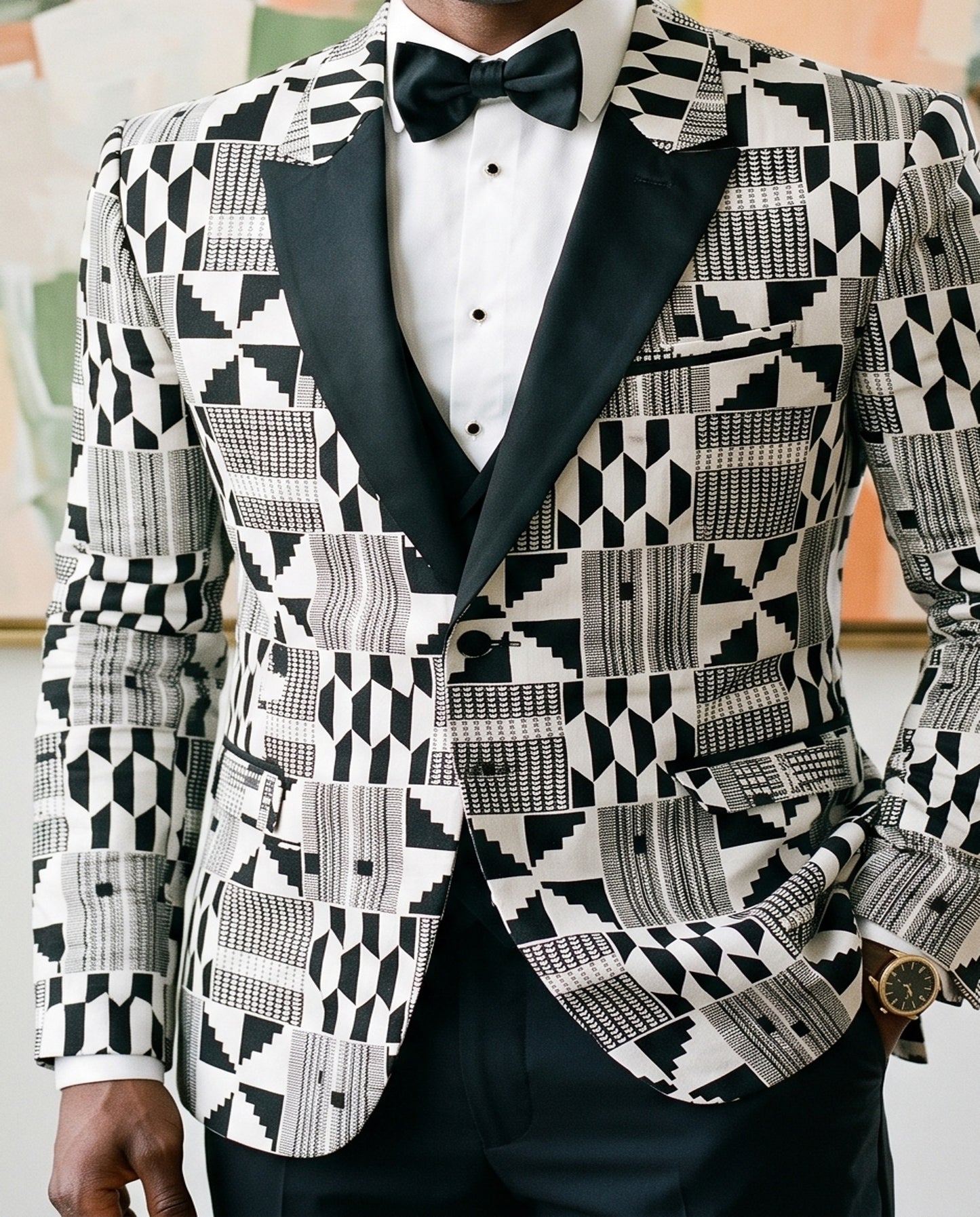Men’s White and Black Patchwork African Print Blazer