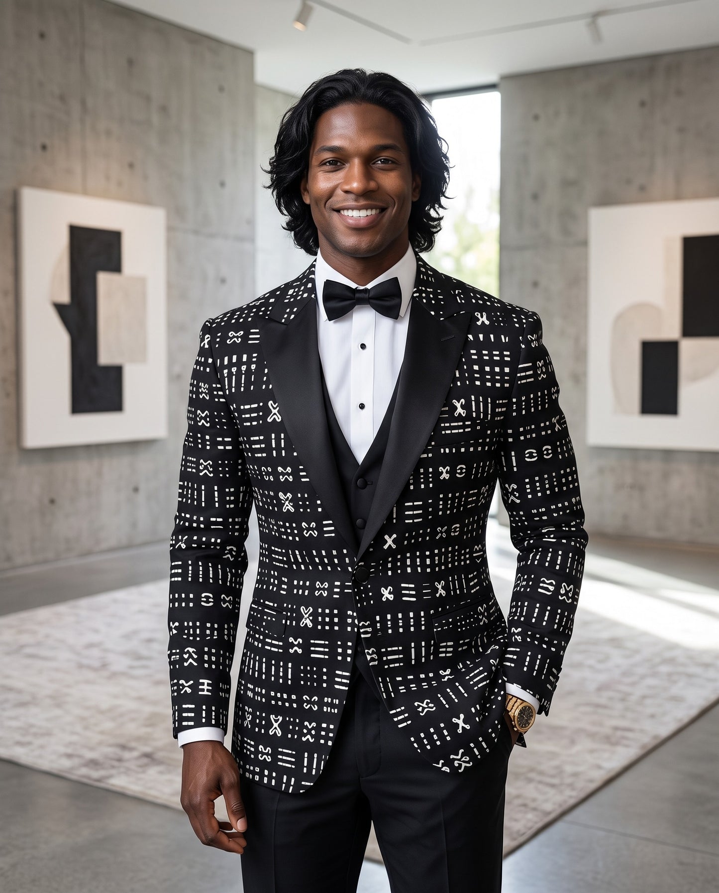 Men’s Black and White Geometric African Print Blazer