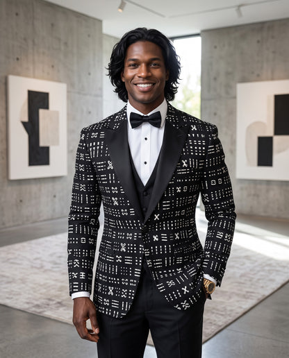 Men’s Black and White Geometric African Print Blazer