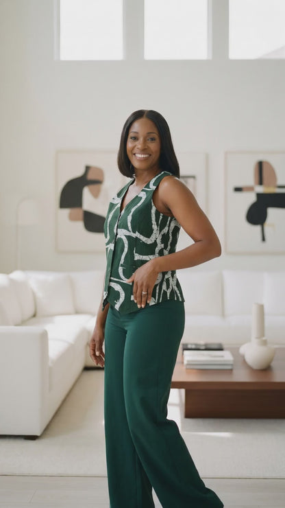 African Print Vest – Green & White
