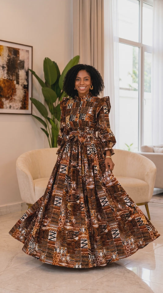 African Inspired Earth Tone Print Top and Maxi Skirt Set