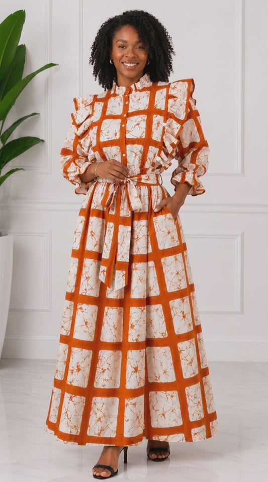 Stunning African Print Burnt-Orange-and-Cream Geometric Print Top and Maxi Skirt Set