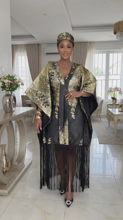 Black & Gold Pleated African Glitter Print Tassel Dress w/Headwrap