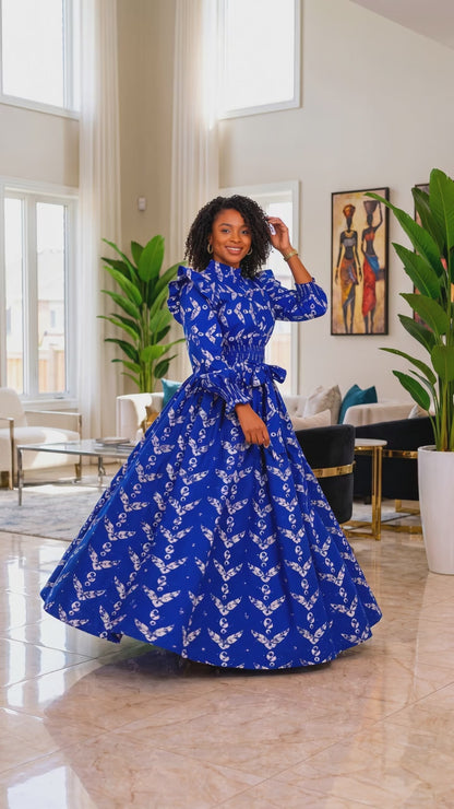 Royal Blue-White Abstract African Print Top and Maxi Skirt Set