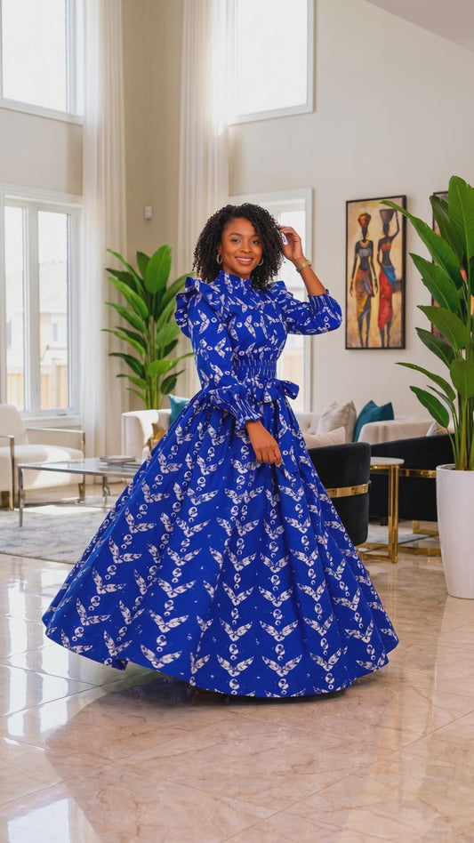 Royal Blue-White Abstract African Print Top and Maxi Skirt Set
