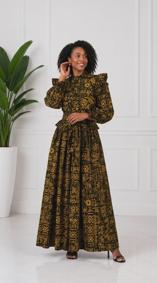Black and Golden-Yellow Tribal-Inspired African Print Top and Maxi Skirt Set