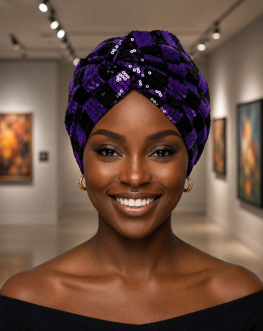 A smiling woman wearing a purple and black patterned sequined headwrap turban, photographed in a gallery setting with framed art in the background.
