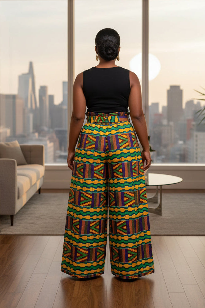 Colorful patterned wide-leg pants on a white background