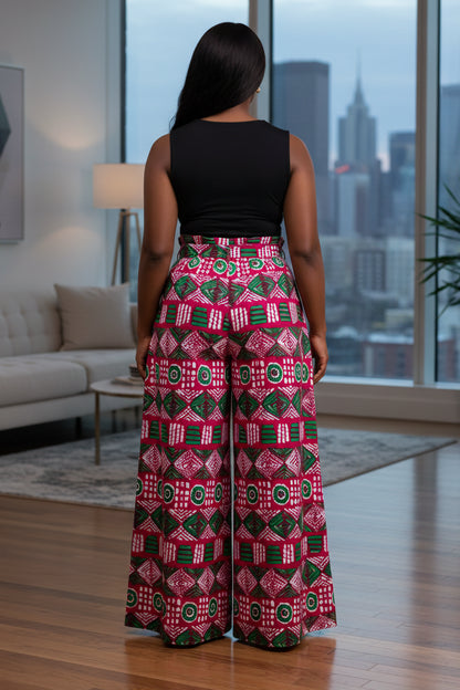 Person wearing a vibrant pink and green patterned skirt on a white background