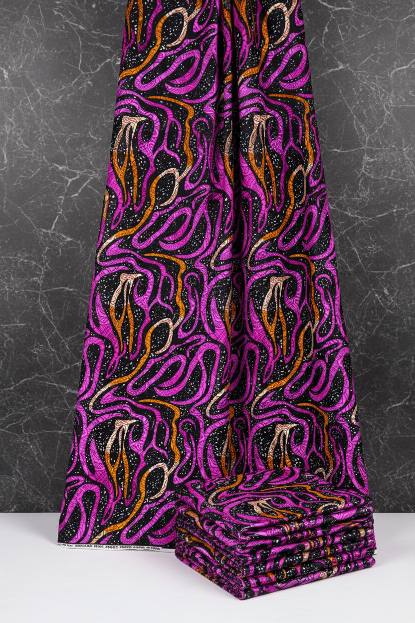 Stack of fabric with vibrant purple and orange abstract pattern on a white background