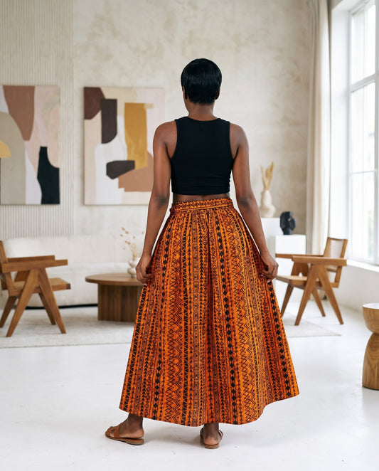 Orange and Black Bold African Print Maxi Skirt