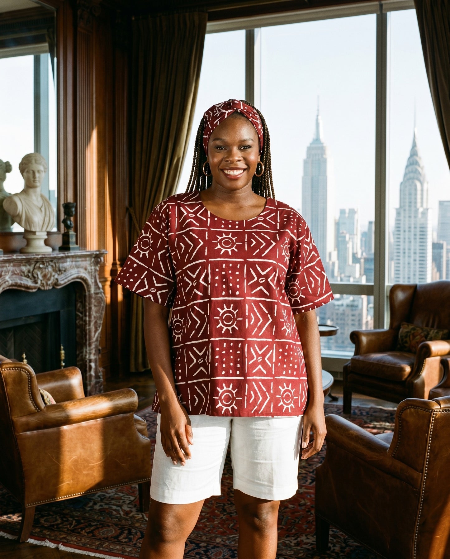 Women's Short Sleeve Burgundy African Print Top