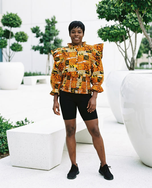 Women's African Print Ruffled Shoulder Peplum Blouse