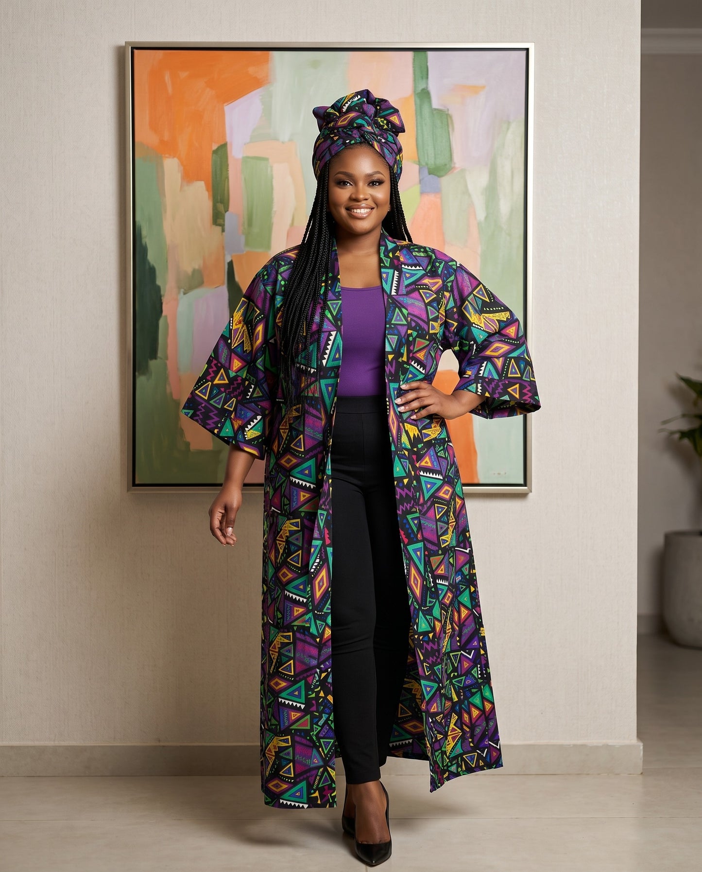 Colorful African Print Kimono Duster with Matching Headwrap