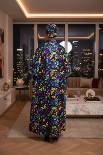 Colorful geometric patterned dress with matching headscarf on a white background