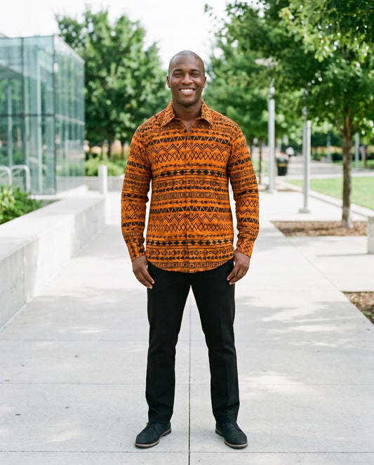 Men’s Orange and Black African Print Long-Sleeve Shirt