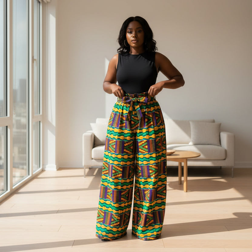 Colorful patterned wide-leg pants on a white background
