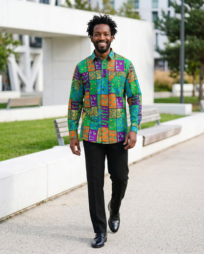 Men’s Multicolor African Print Long-Sleeve Shirt