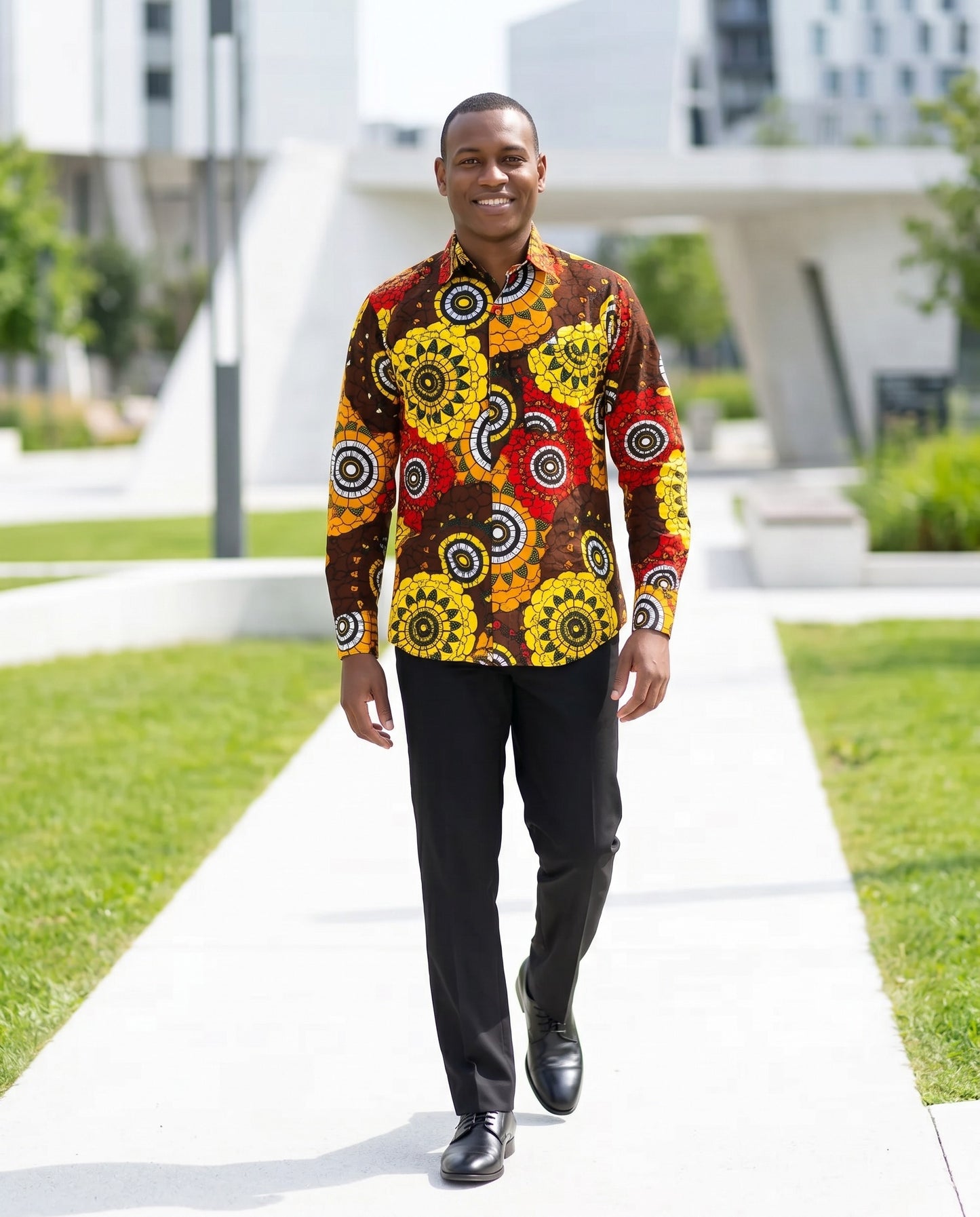 Men’s Yellow, Red, and Brown African Print Long-Sleeve Shirt