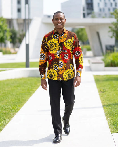 Men’s Yellow, Red, and Brown African Print Long-Sleeve Shirt