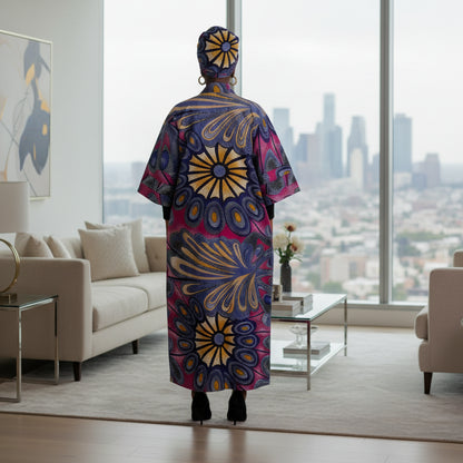 Colorful traditional outfit with a patterned dress and headscarf on a white background