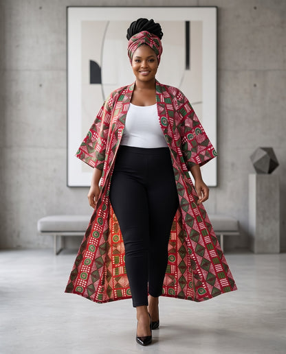 Woman wearing a long, patterned coat in a modern interior setting