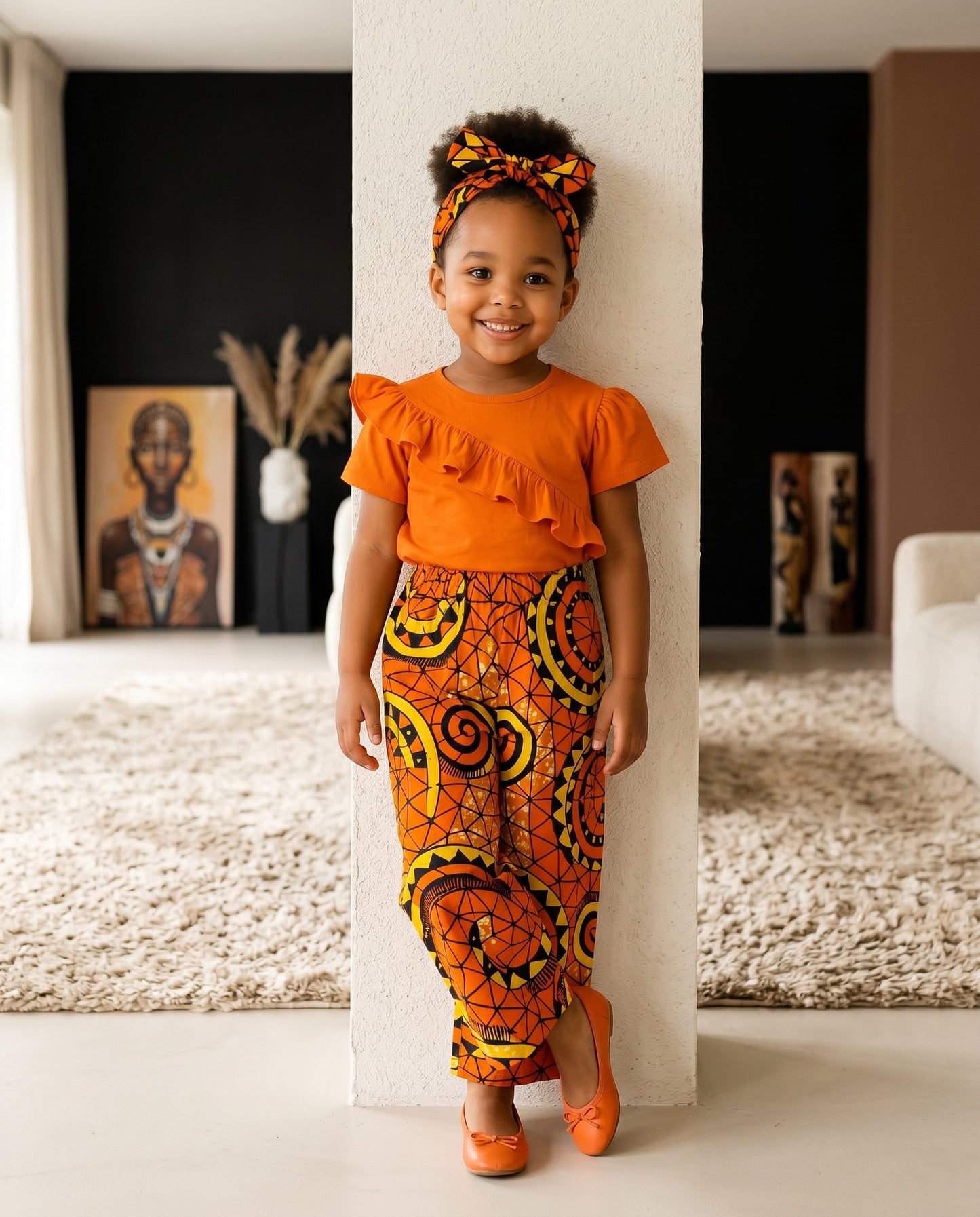 Girls' African Print Ruffle Top & Palazzo Pants Set - Orange