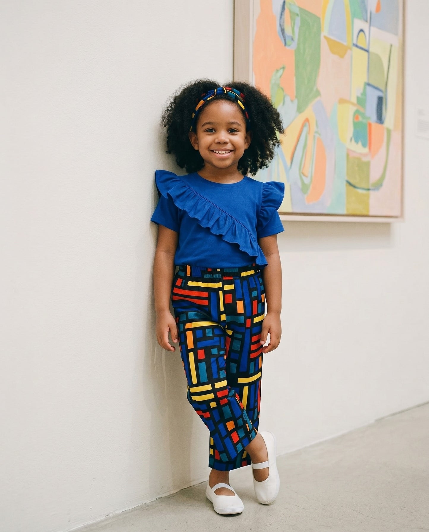 Girls' African Print Ruffle Top & Pants Set – Royal Blue