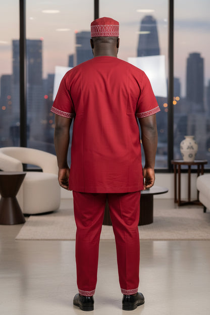Men's Burgundy Embroidered African Traditional 3-Piece Set