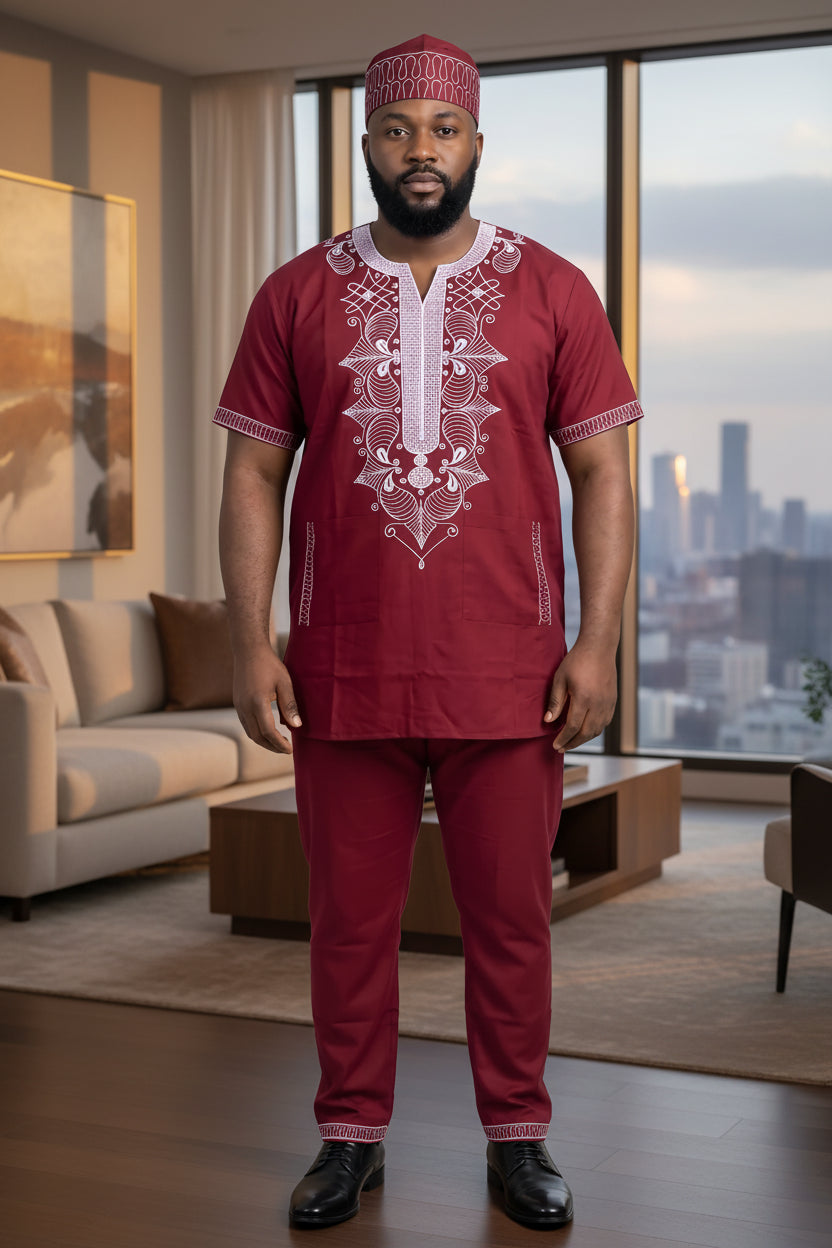 Men's Burgundy Embroidered African Traditional 3-Piece Set