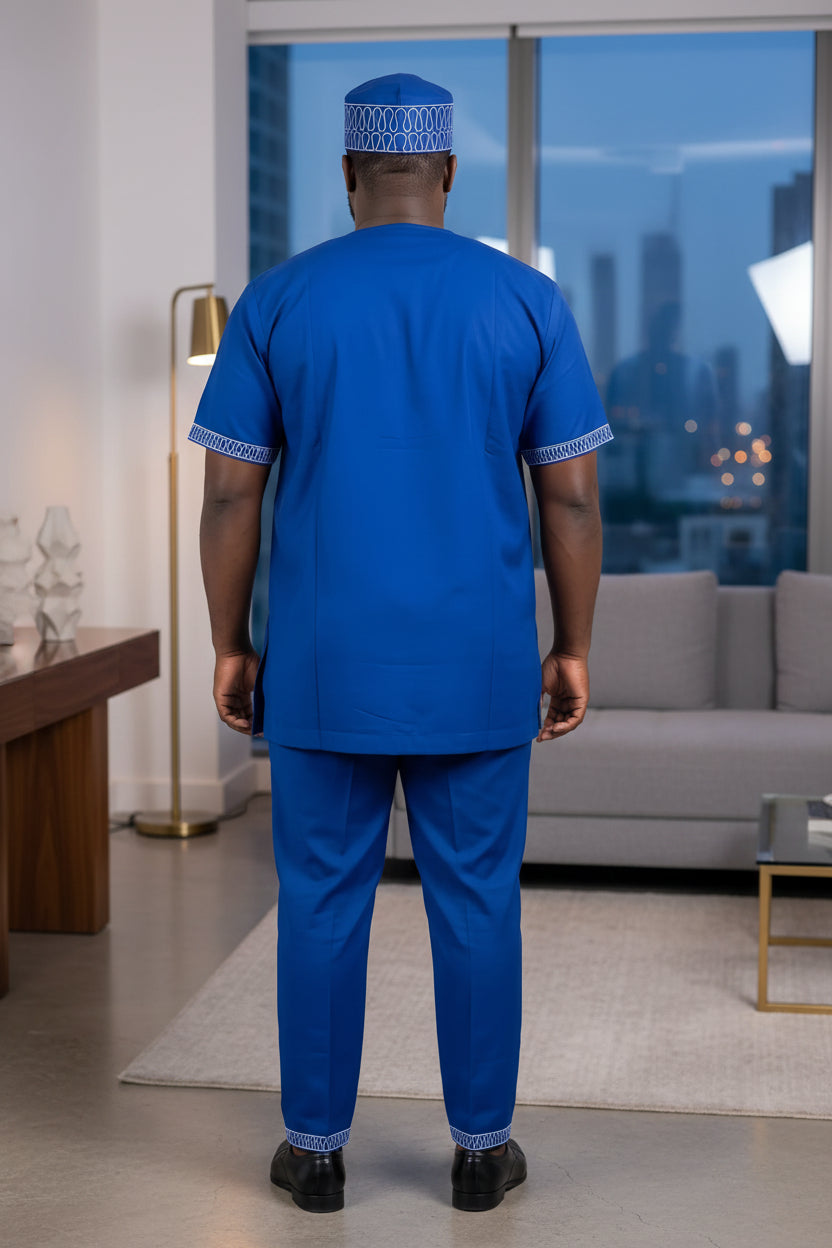 Men's Royal Blue Embroidered African Traditional 3-Piece Set