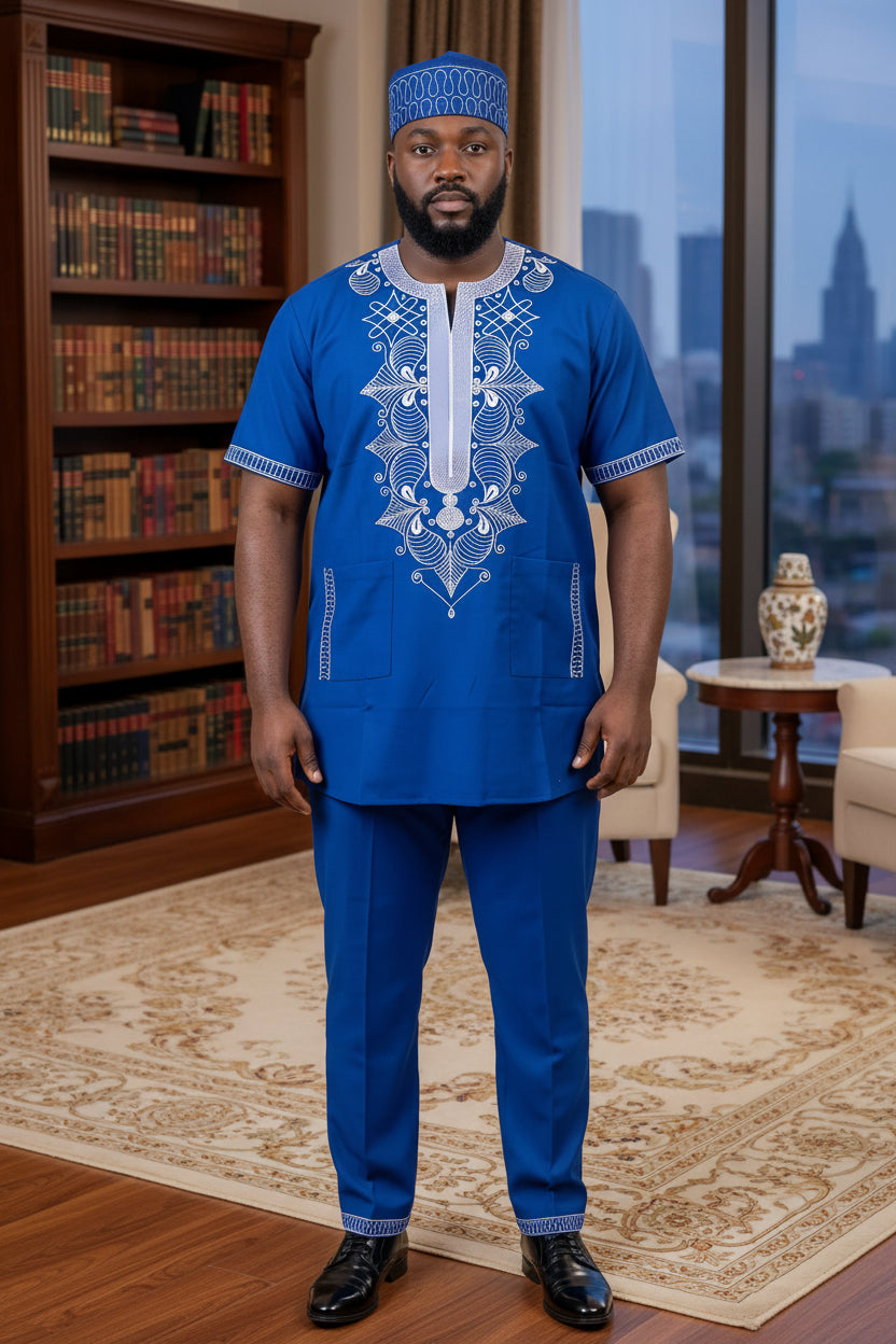 Men's Royal Blue Embroidered African Traditional 3-Piece Set