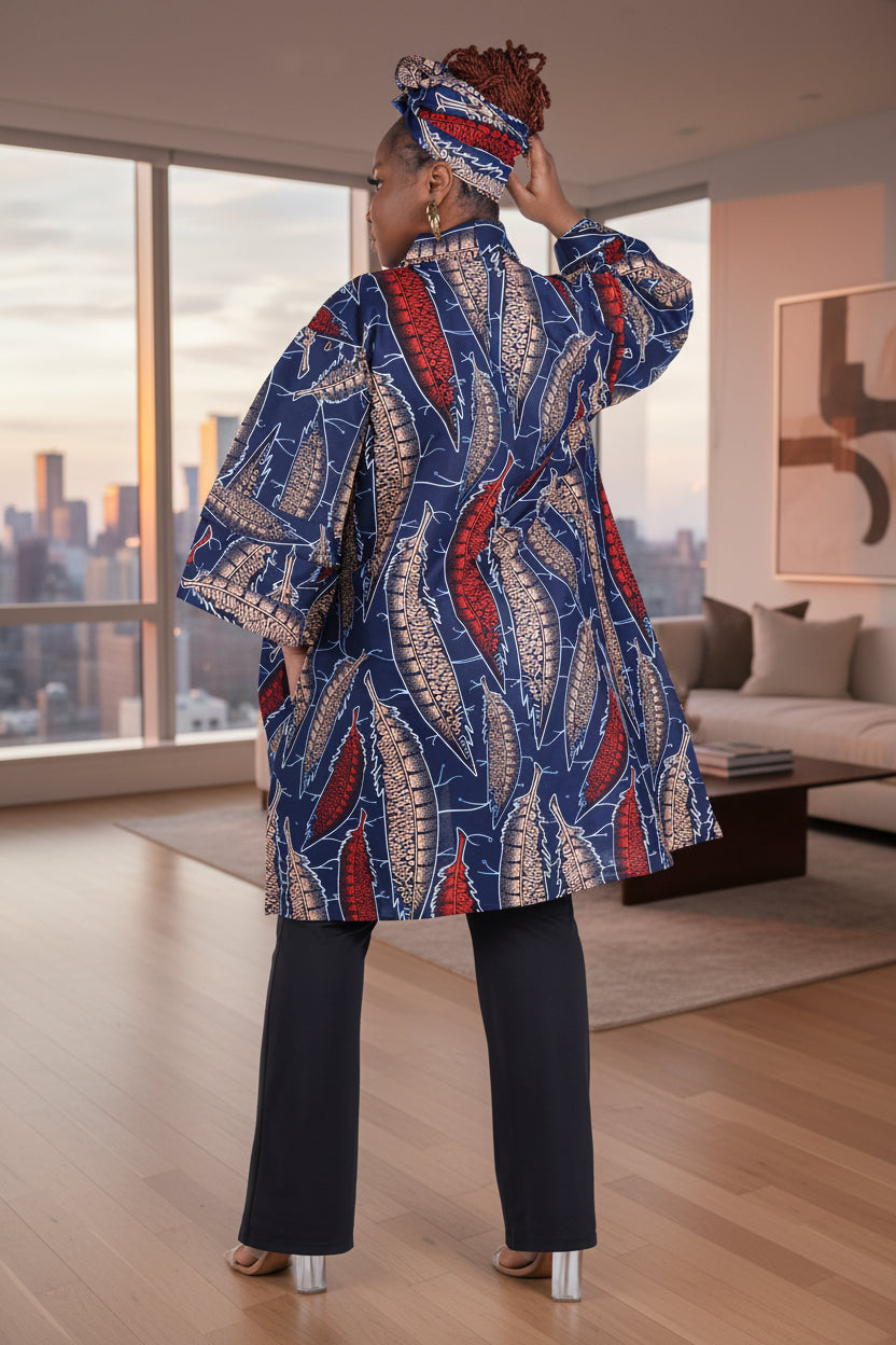 African Print Short Kimono Duster w/Matching Headwrap