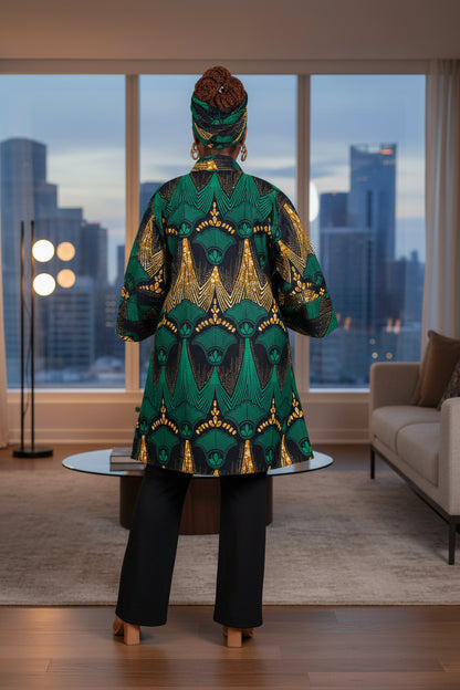 African Print Short Kimono Duster w/Matching Headwrap