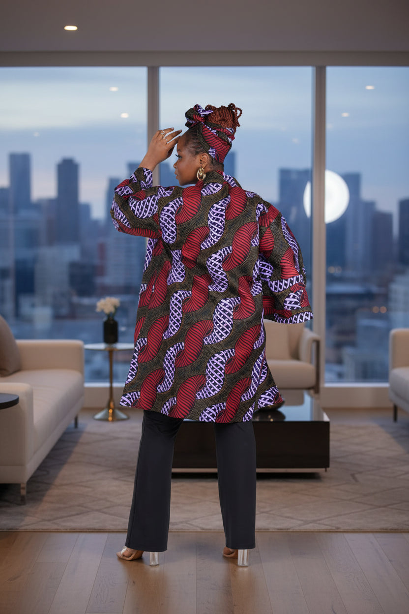 African Print Short Kimono Duster w/Matching Headwrap
