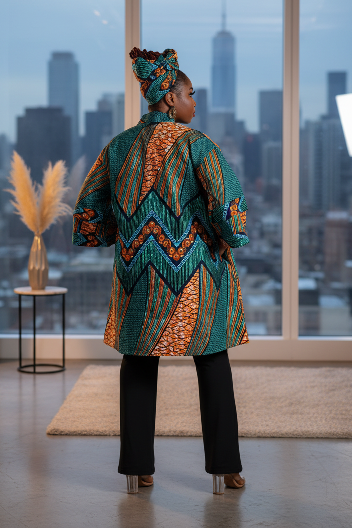 African Print Short Kimono Duster w/Matching Headwrap