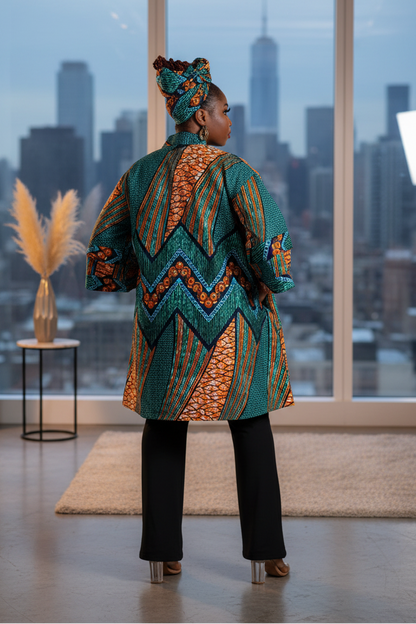 African Print Short Kimono Duster w/Matching Headwrap