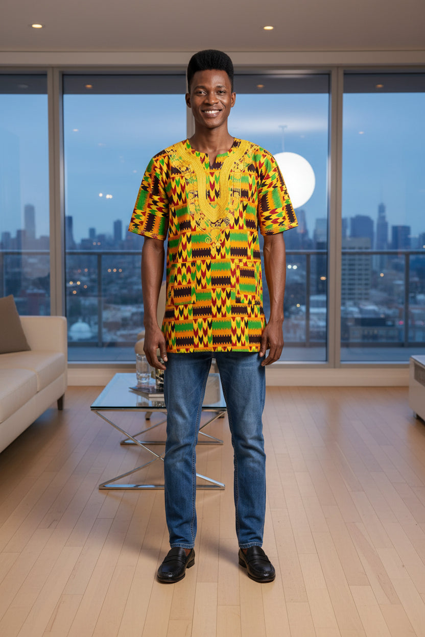 Men's African Kente Print Embroidered Dashiki Shirt (M)