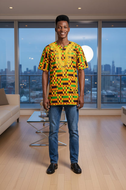 Men's African Kente Print Embroidered Dashiki Shirt (M)
