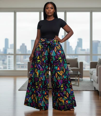 Colorful geometric patterned pants on a white background