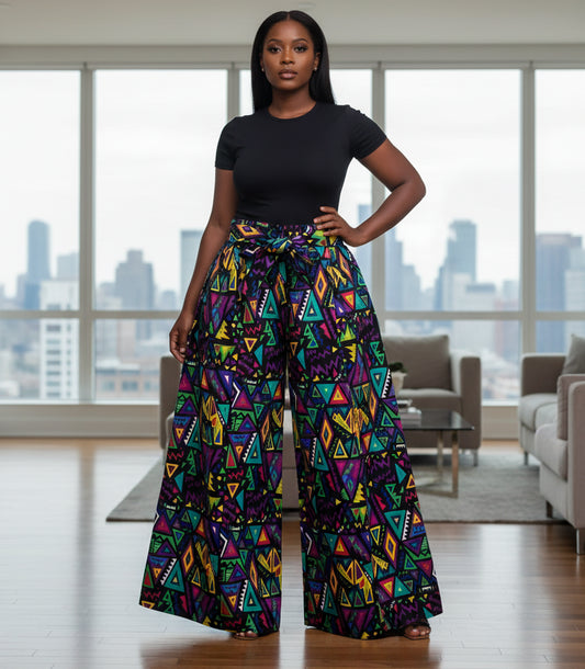 Colorful geometric patterned pants on a white background