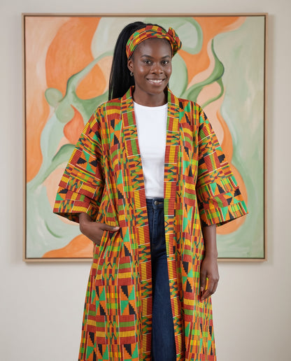 Orange Kente African Print Kimono Duster w/ Matching Headwrap