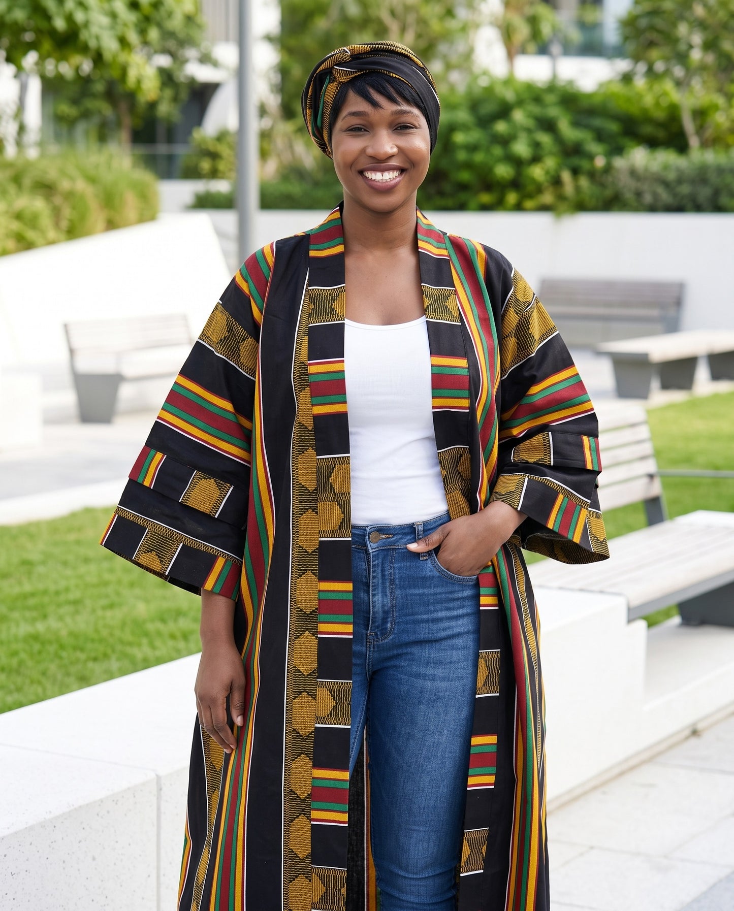 Black Kente African Print Kimono Duster w/Matching Headwrap