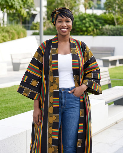 Black Kente African Print Kimono Duster w/Matching Headwrap