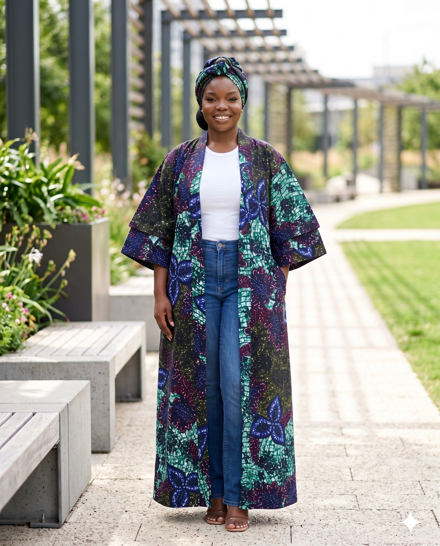 Multicolor African Print Kimono Duster with Matching Headwrap