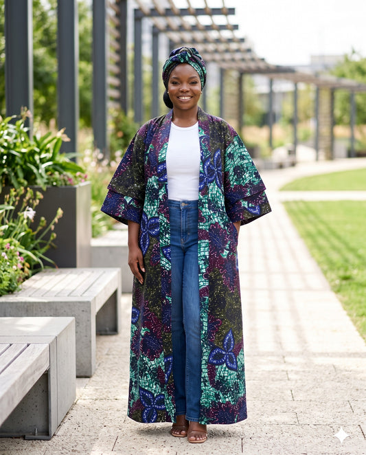 Multicolor African Print Kimono Duster with Matching Headwrap