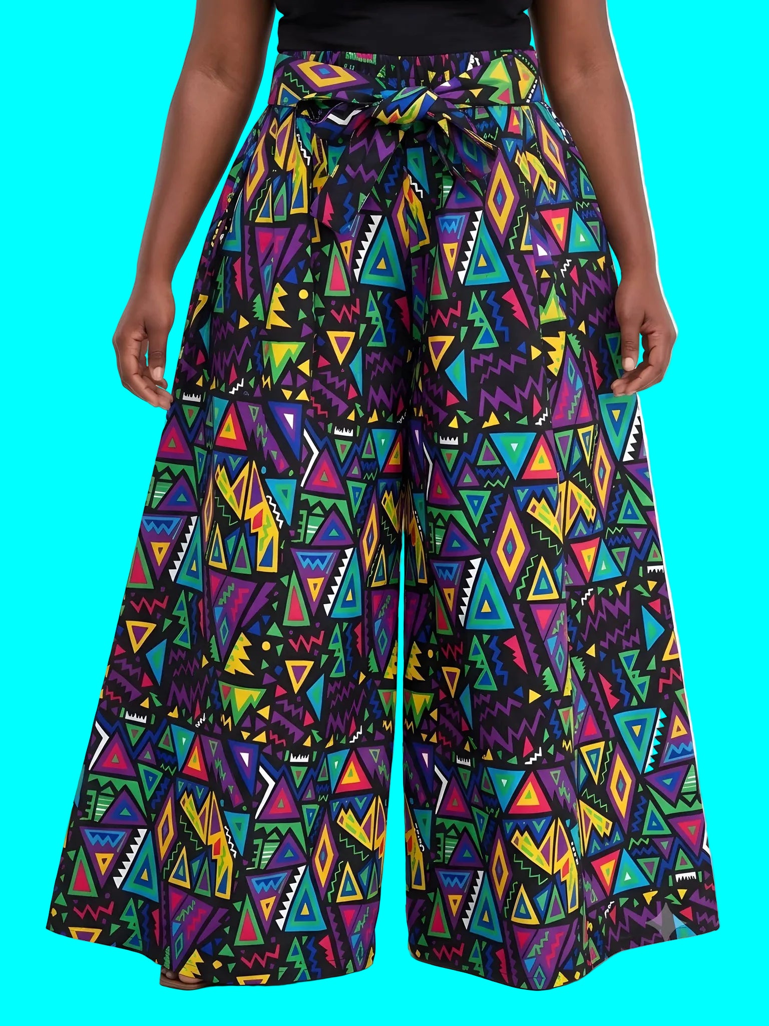 Colorful geometric patterned pants on a white background