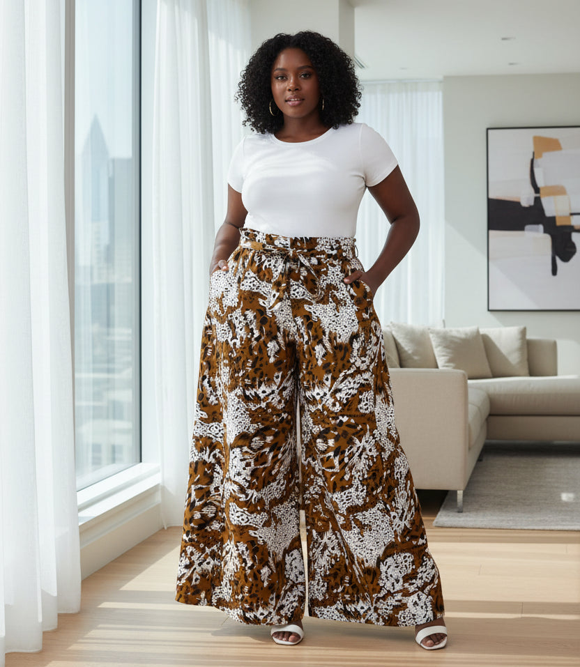 Wide-leg pants with a brown and white pattern on a white background